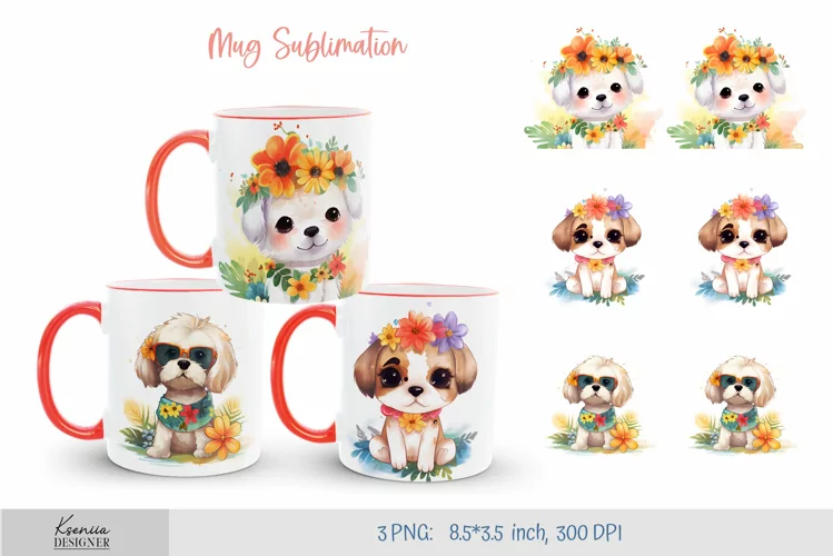 Funny Dog Wearing Flower Wreath on the Head for Mug Wraps