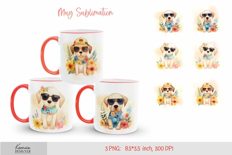 Puppy Wearing Sun Glasses|Watercolor Flower Mug Design