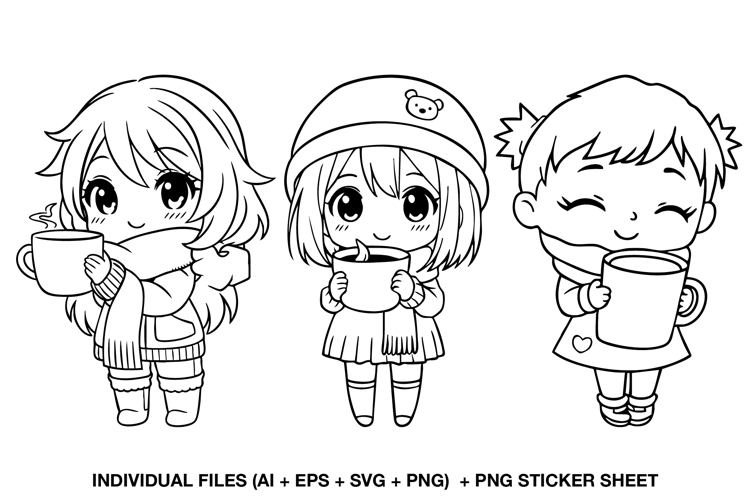 Chibi Winter Girl Digital Stamps, Cute Coffee Mug Characters