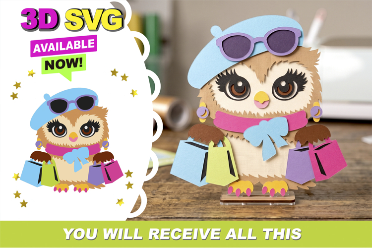 Chic Shopping Owl 3D SVG