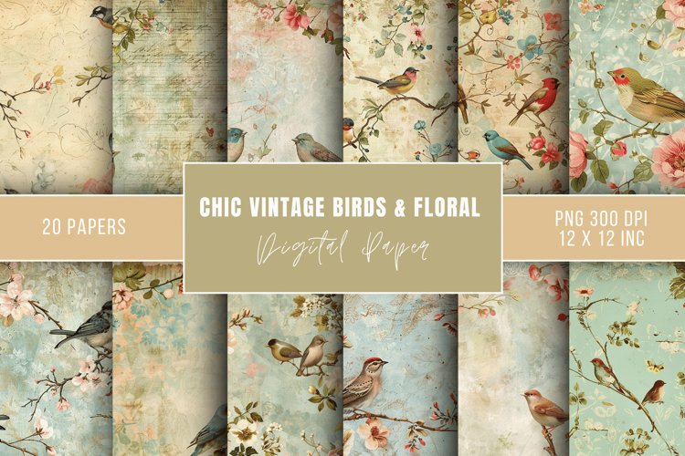 Chic Vintage Birds And Floral Seamless Digital Paper Bundle