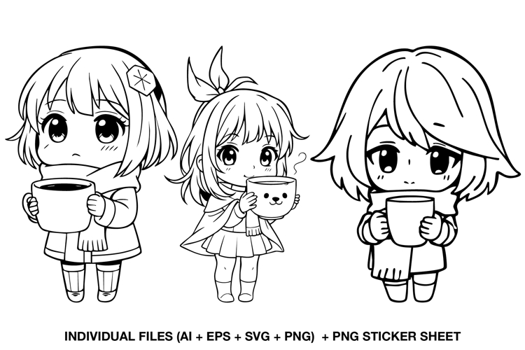 Chibi Winter Girl Digital Stamp Set | Cute Kawaii Coffee Png