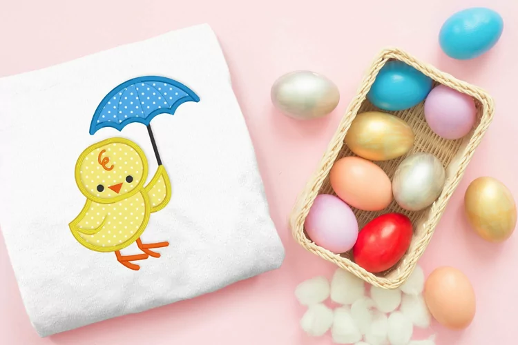 Spring Chick with Umbrella Applique Embroidery File
