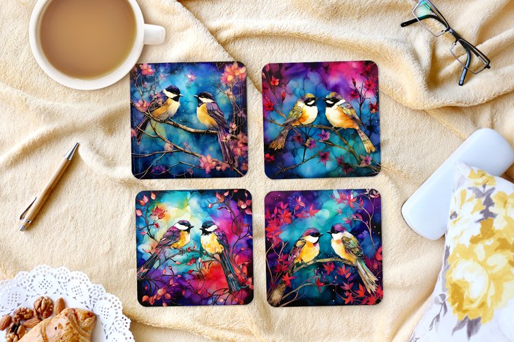 Alcohol Ink Chickadees-4" Coaster Sublimation -PNG Design