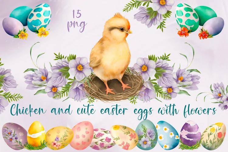 Chicken and cute watercolor easter eggs with flowers