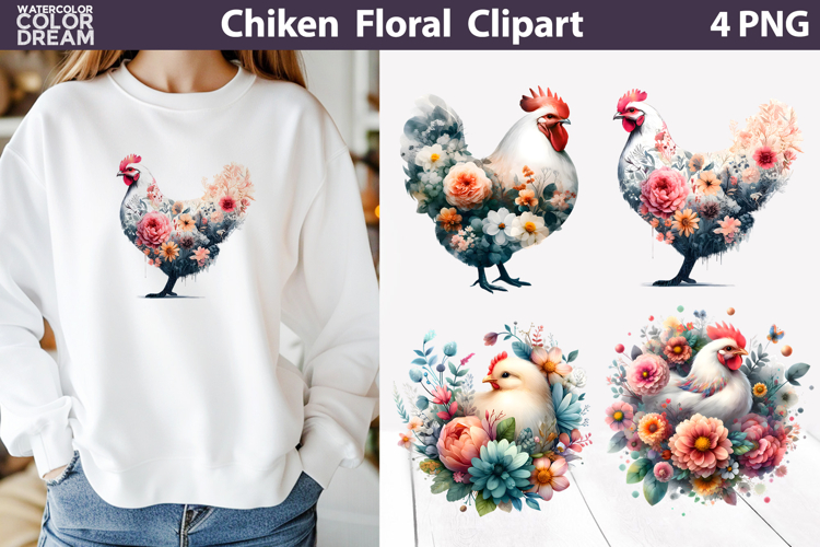 Floral Chicken Clipart PNG | Farm Sublimation Design
