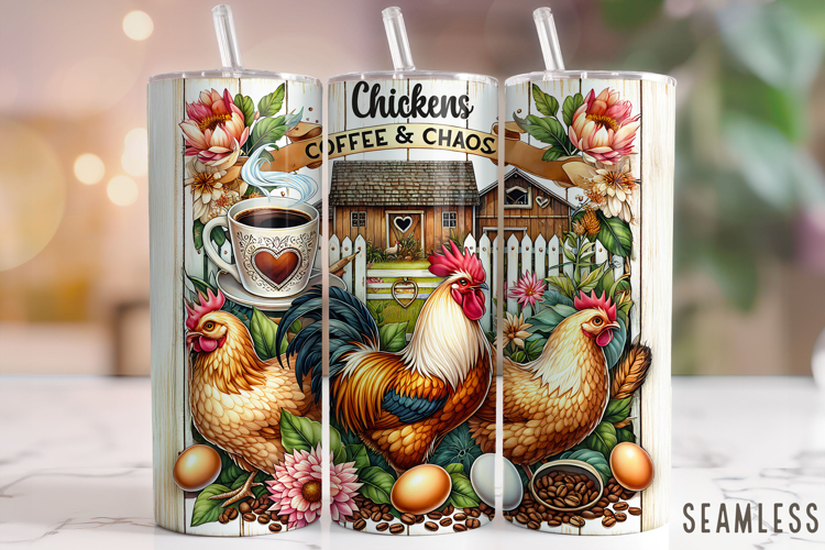 Chickens Coffee And Chaos PNG, Funny Chickens Tumbler Wrap