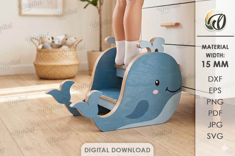 3D Kids Step Stand Laser Cut. Kids Whale Step Stool SVG