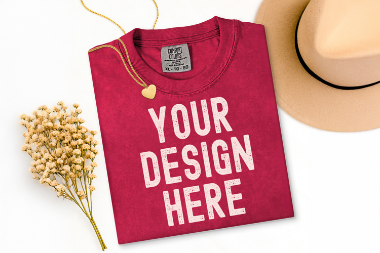 Comfort Colors C1717 Chili Shirt Mockup, Flat Lay Mockup