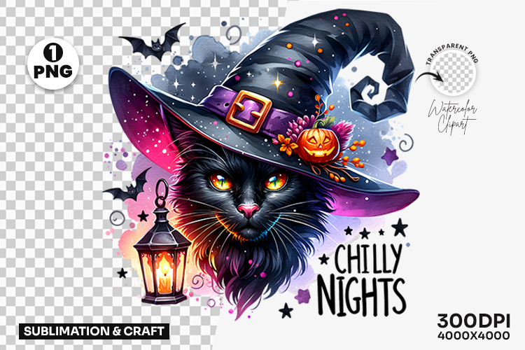 Halloween Chilly Nights Black Cat Witch Hat Bat PNG Clipart