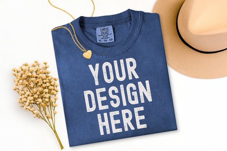 Comfort Colors C1717 China Blue Shirt Mockup, Flat Lay Shirt example image 1