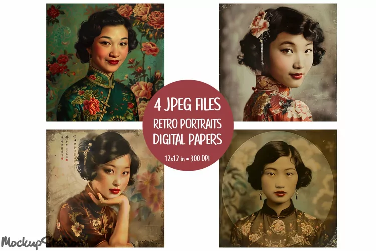 Retro Chinese Girls Portraits Junk Journal Printable Papers
