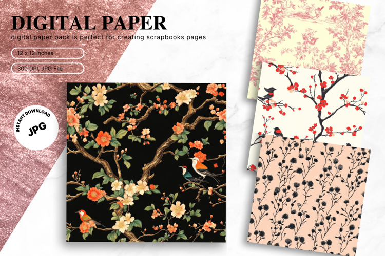 Chinoiserie Floral Pattern Background Vintage Digital Paper