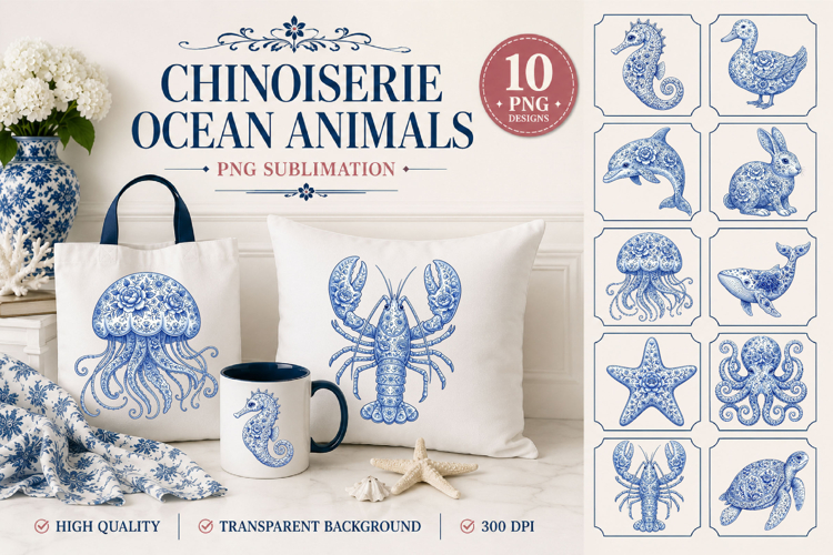 Chinoiserie Ocean Animals PNG |10 Blue Chinoiserie Ocean