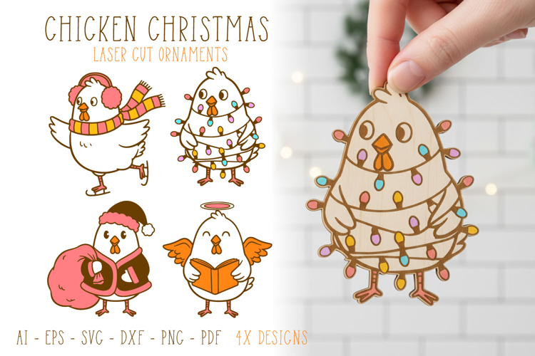 4x Christmas Chickens Ornaments, Studs, Decoration Lasercut