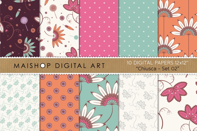 Boho Floral Digital Papers in Summer Tones Clean Design