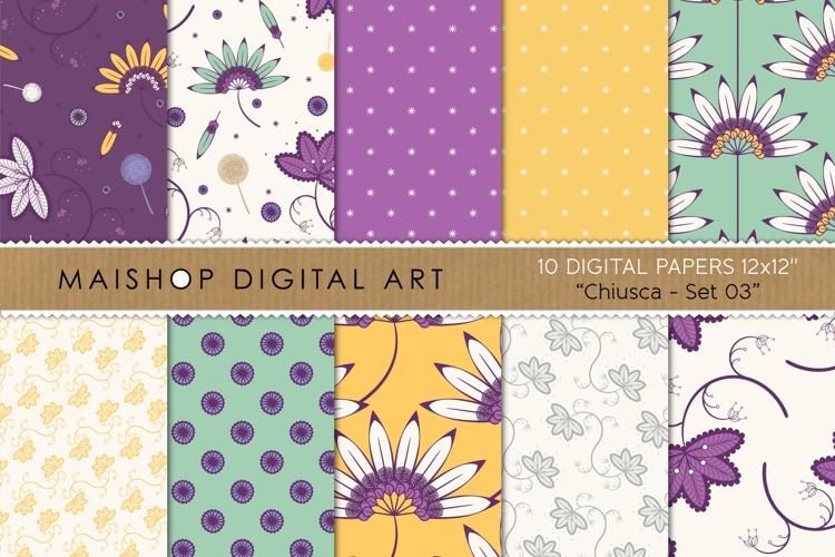 Boho Floral Digital Papers Purple Yellow Mint