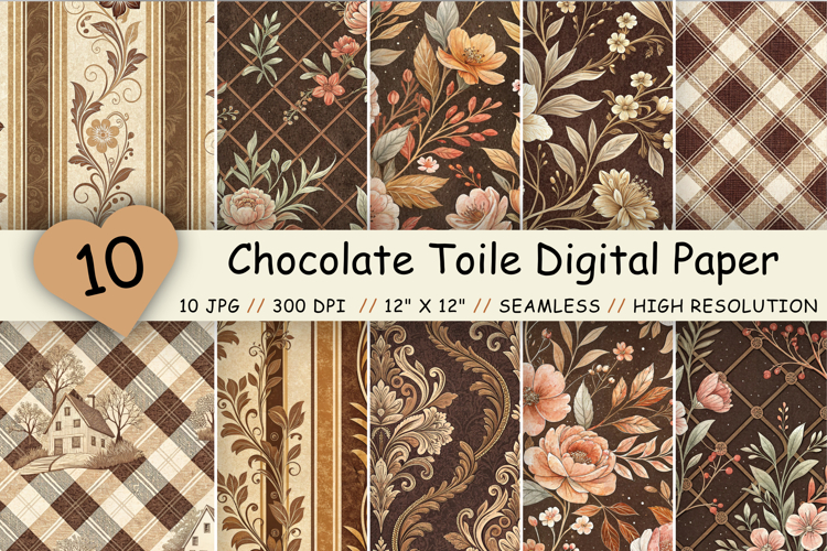Chocolate Toile Digital Paper Pack, Vintage Floral Toile