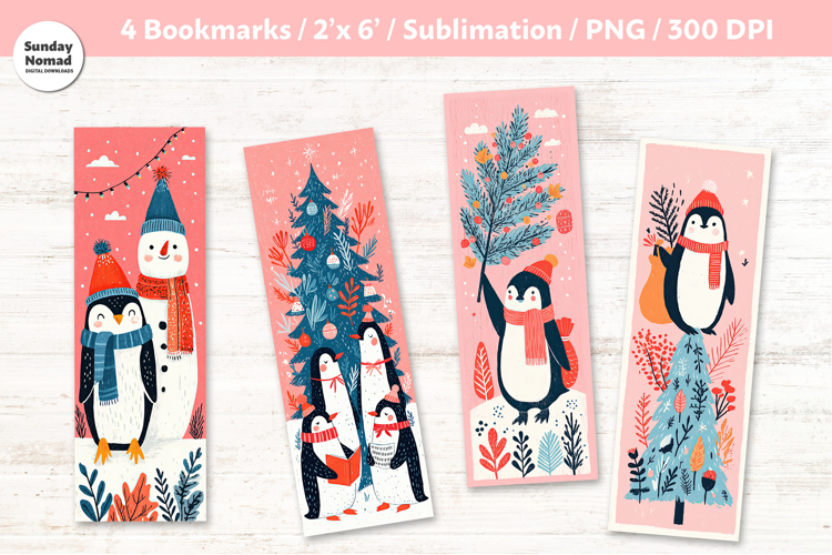 Christmas Penguin Bookmarks , Printable Crafts, 4 PNG
