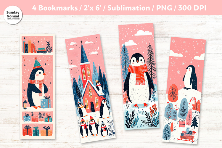 Christmas Penguin Bookmarks 10, Printable Crafts, 4 PNG