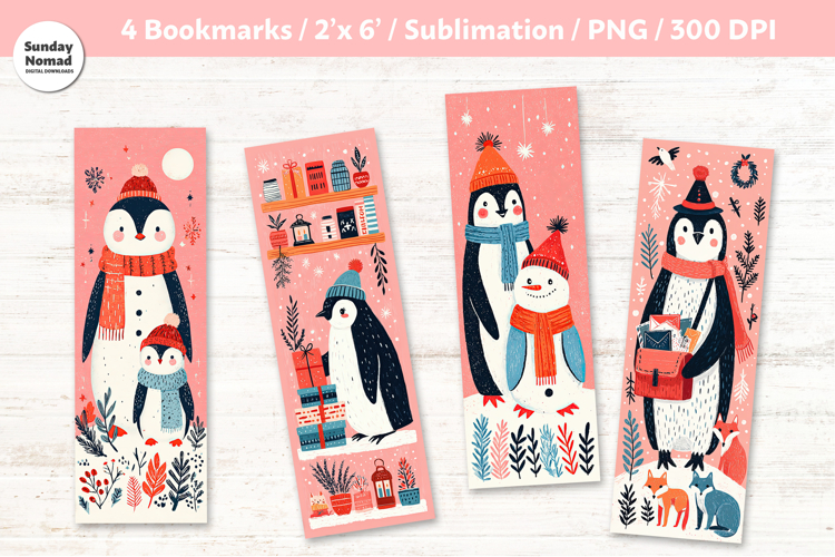 Christmas Penguin Bookmarks 3, Printable Crafts, 4 PNG