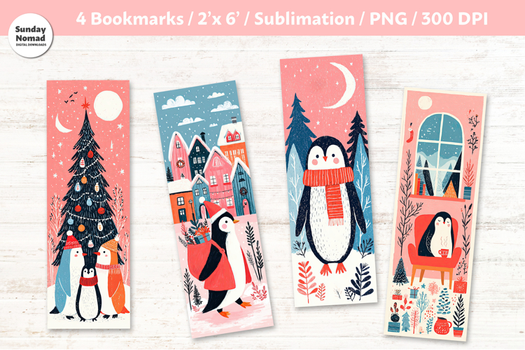 Christmas Penguin Bookmarks 4, Printable Crafts, 4 PNG