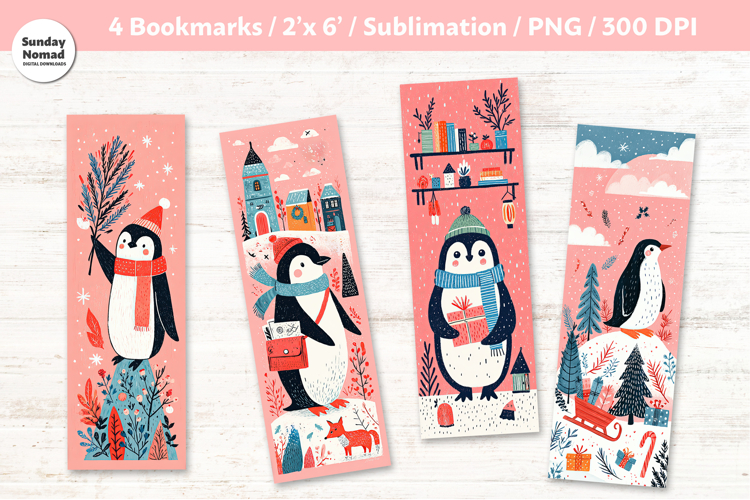 Christmas Penguin Bookmarks 5, Printable Crafts, 4 PNG