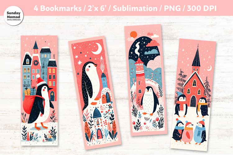 Christmas Penguin Bookmarks 6, Printable Crafts, 4 PNG