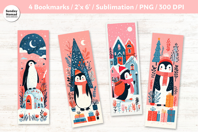 Christmas Penguin Bookmarks 7, Printable Crafts, 4 PNG