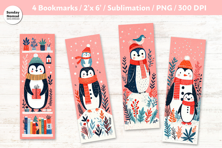 Christmas Penguin Bookmarks 8, Printable Crafts, 4 PNG
