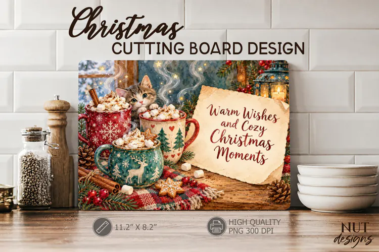 Christmas Cutting Board Christmas Kitten Cocoa Cutting Board
