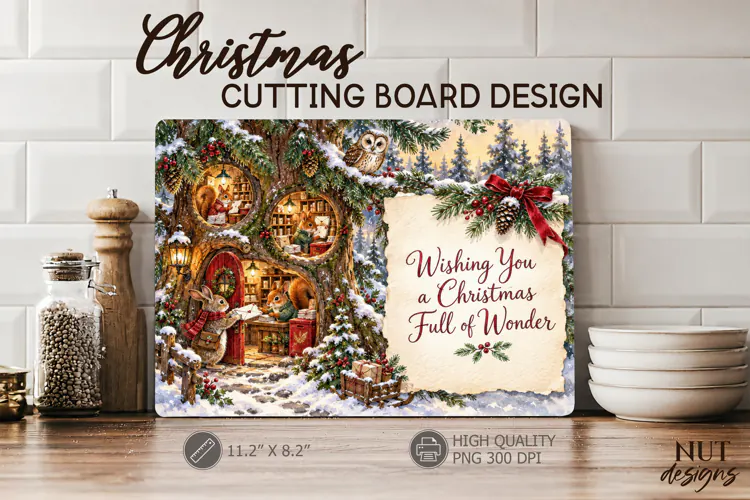 Woodland Christmas Cutting Board Winter rabbit family