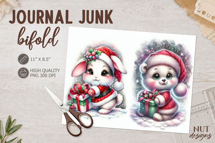 Cute Christmas Animals Junk Journal Bifold Bunny & Bear
