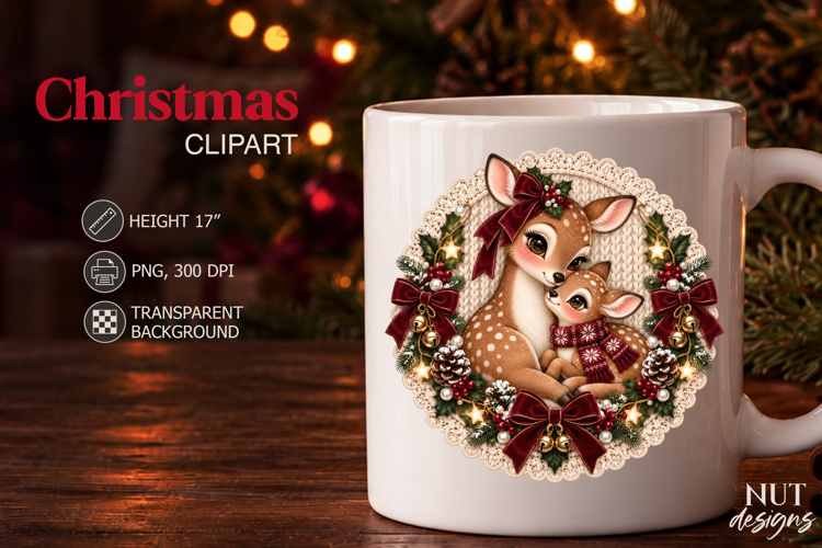 Christmas Deer Mom and Fawn Clipart Knitted Christmas