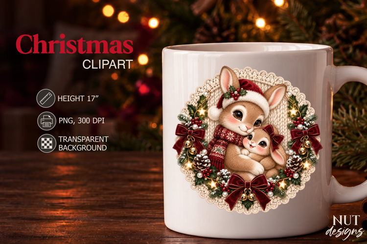 Christmas Bunny Mom and Baby Clipart Knitted Christmas