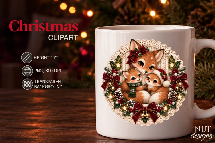 Knitted Christmas Fox Mom and Babies Clipart Family animals