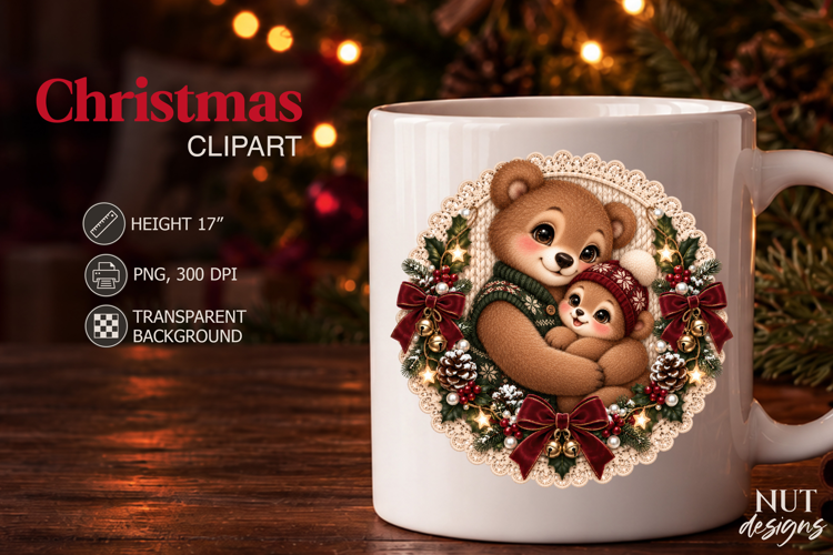 Christmas Papa Bear and Baby Clipart Knitted Christmas