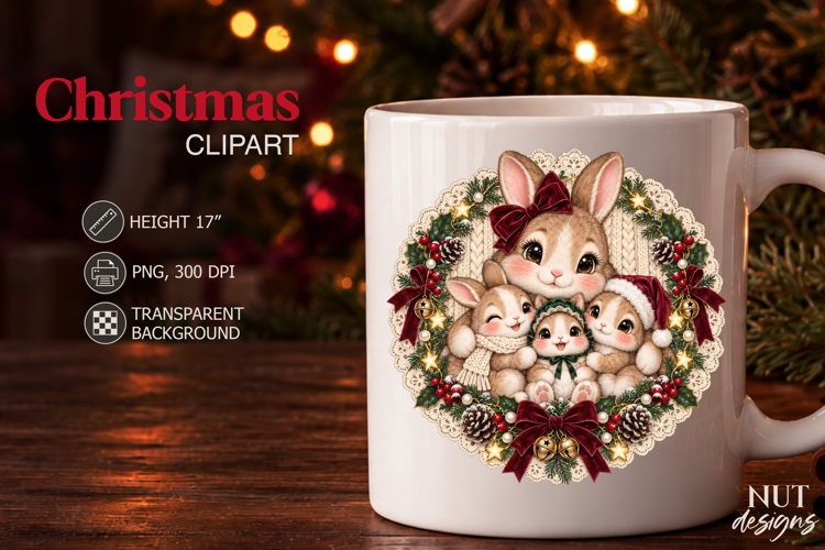 Christmas Bunny Mom and Babies Clipart Knitted Christmas