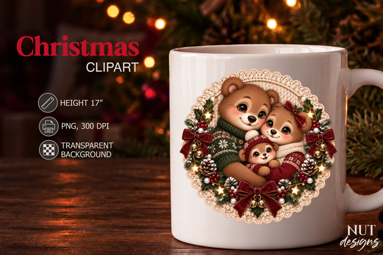 Christmas Bear Family Clipart Knitted Christmas sublimation