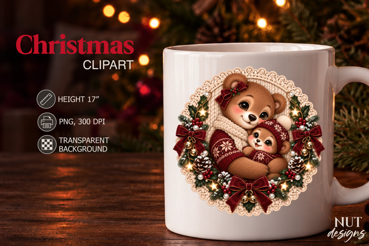 Lace Christmas Mama Bear Baby Clipart Knitted Christmas
