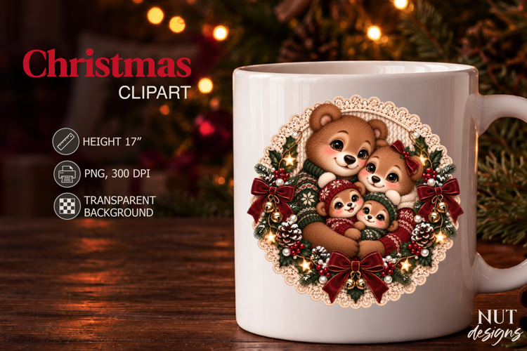 Christmas Bear Family of Four PNG Knitted Christmas clipart