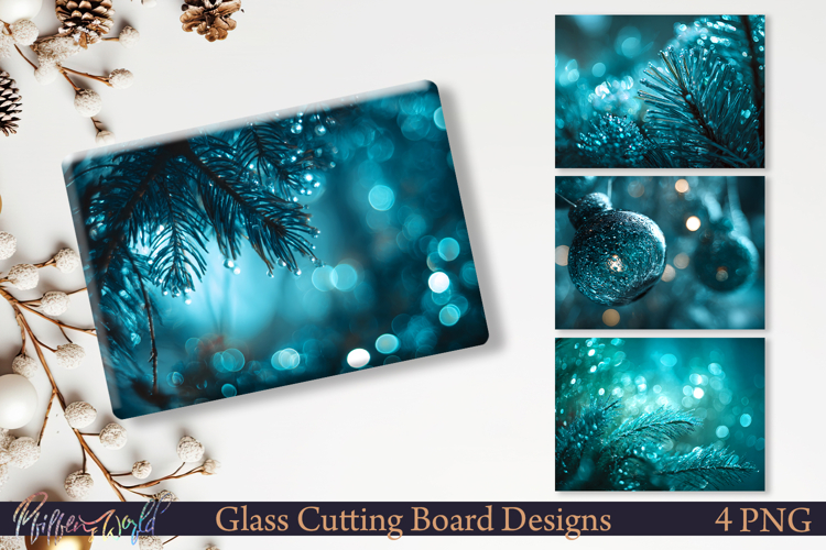 Winter Cutting Board Design Teal Pine Bokeh PNG