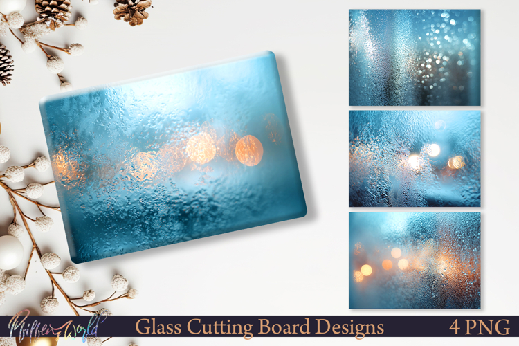 Winter Cutting Board Design Icy Blue Bokeh Glass PNG