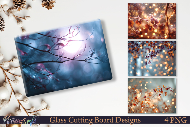 Winter Cutting Board Design Frosted Branches Bokeh PNG