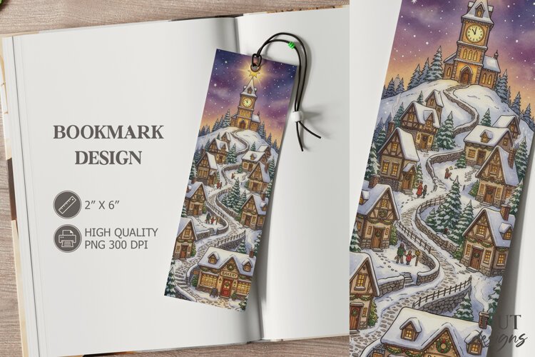 Snowy cottages Christmas Bookmark festive storybook Bookmark example image 1