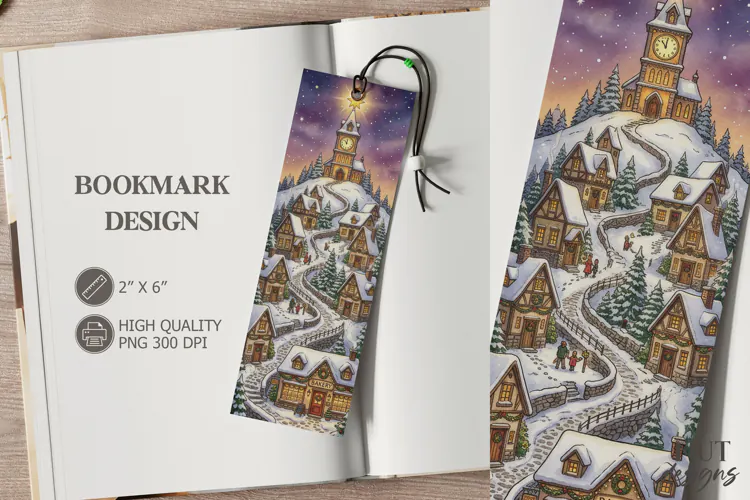 Snowy cottages Christmas Bookmark festive storybook Bookmark