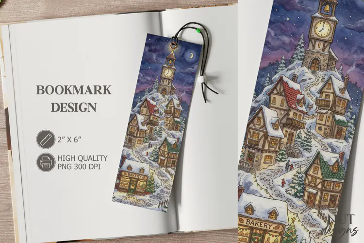 Snowy cottages Christmas Bookmark festive storybook Bookmark