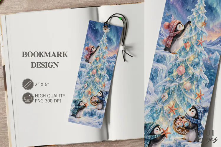 Penguins Ice Tree Christmas Bookmark festive storybook