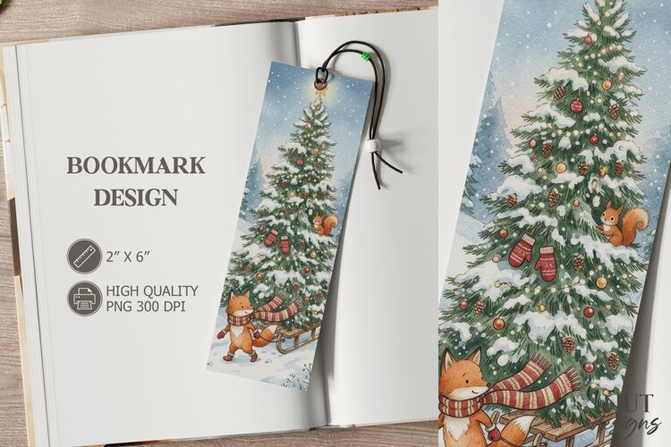 Christmas Fox Tree Sled Bookmark festive storybook example image 1