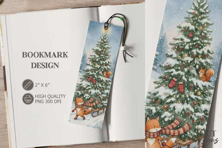 Christmas Fox Tree Sled Bookmark festive storybook